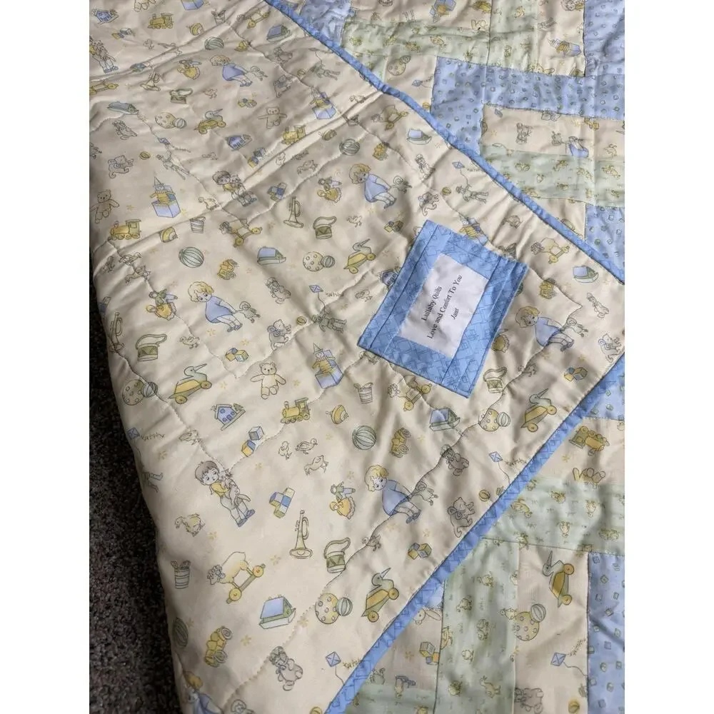 Lap Throw Quilt Handmade Baby Boy Yellow Blue Nursery Theme 40 X 40 In